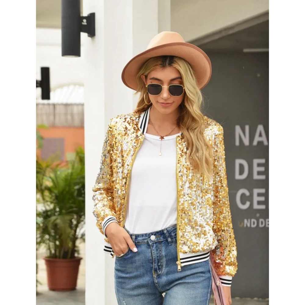 Gold and Silver Sequins Bomber Jacket